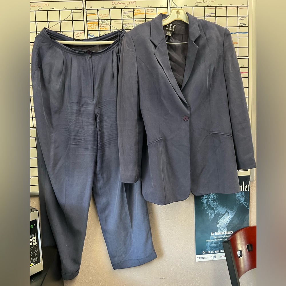 Ladies blue panted silk suit.
